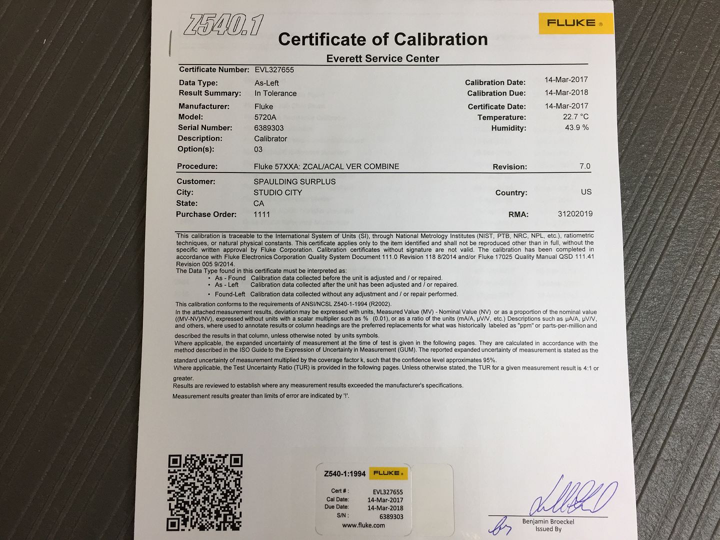 Fluke Calibration Certificate Master of Documents